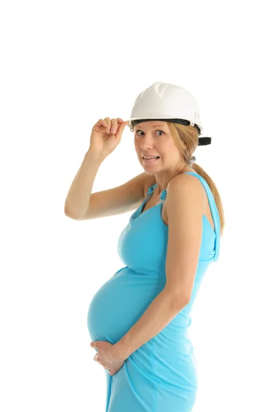Zdumiony, kobieta w ciąży w kasku — Zdjęcie stockowe