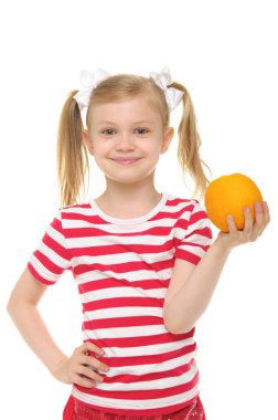 Girl holding an orange and smiling clipart