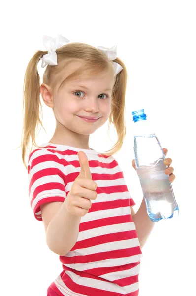 Happy girl with bottle of water smiling — Stock Photo, Image