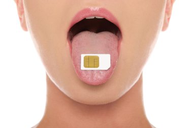 Sim card on his tongue hanging out woman clipart