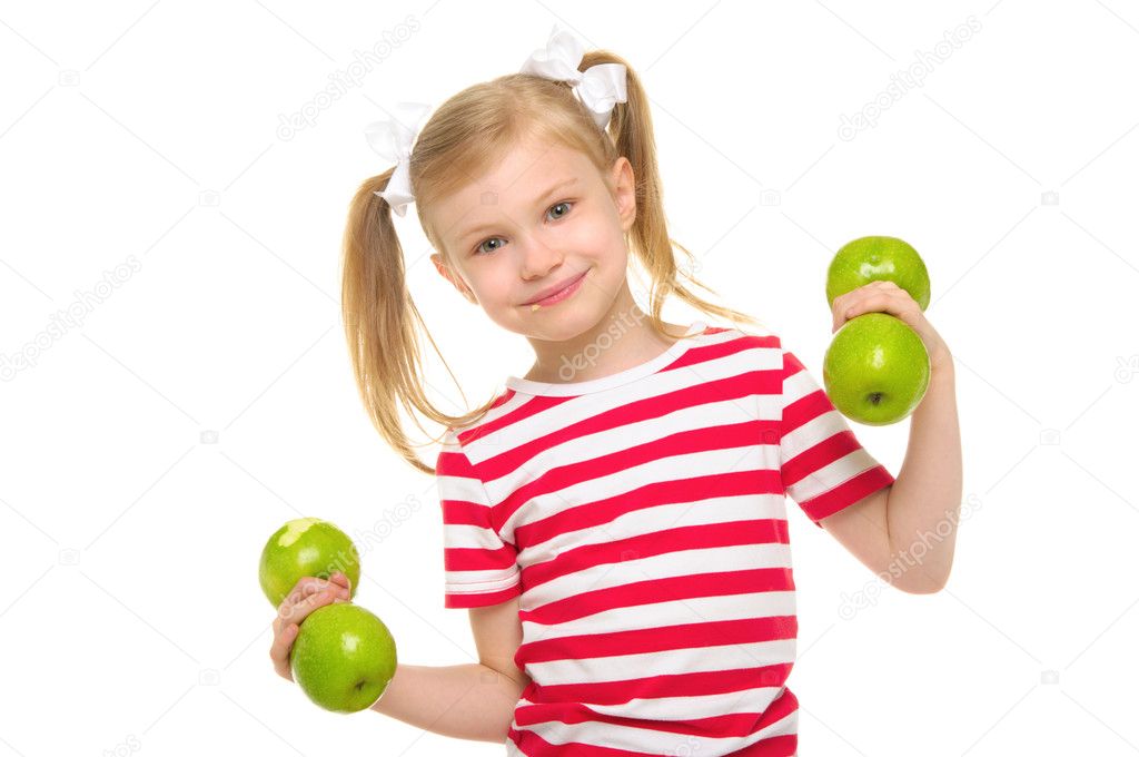 Girl trains fitness dumbbells from apples