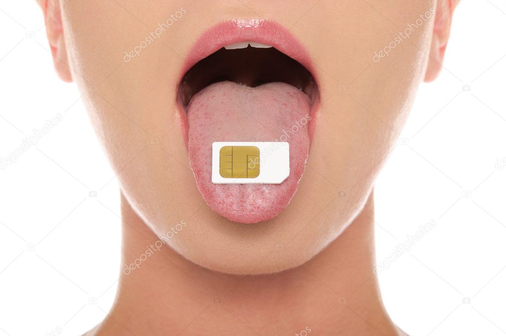 Sim card on his tongue hanging out woman