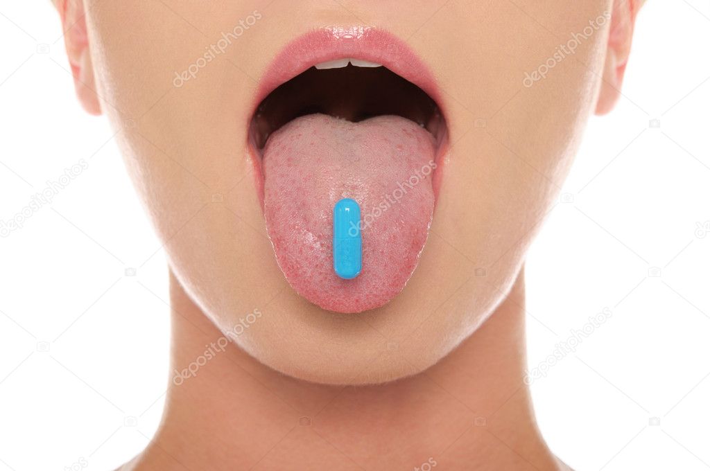 Pill on his tongue hanging out woman