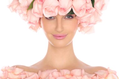 Young woman in hat and dress of pink roses clipart