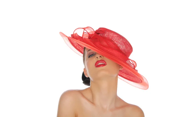 Piękna kobieta w czerwonym kapeluszu — Zdjęcie stockowe