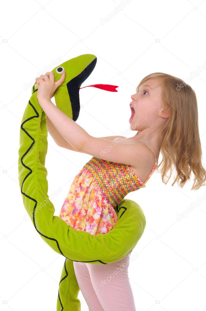 Girl fights with toy snake