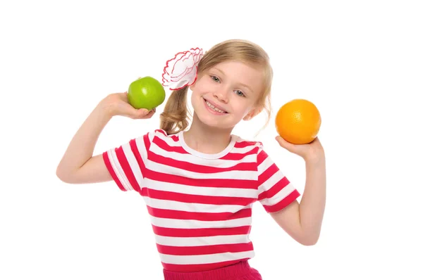 Happy girl with orange and apple — Stock Photo, Image