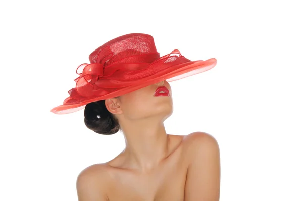 Gyönyörű nő piros kalap — Stock Fotó