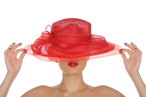 Όμορφη γυναίκα με κόκκινο καπέλο — Φωτογραφία Αρχείου