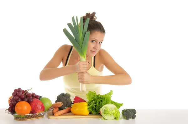Kvinna med frukt och grönsaker — Stockfoto