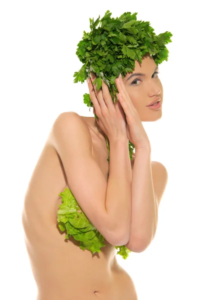 Donna sexy con vestiti fatti? ? di verdure — Foto Stock
