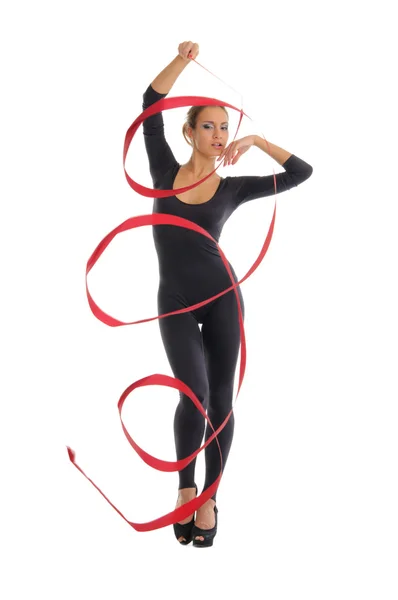 Dancing woman with red ribbon — Stock Photo, Image
