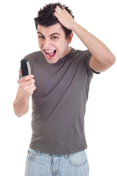 Man yelling into mobile — Stock Photo, Image
