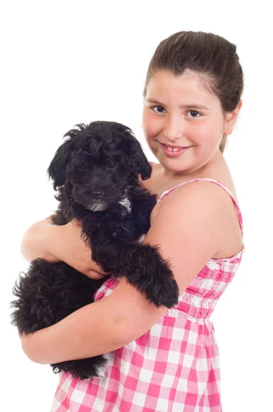 Κορίτσι εκμετάλλευση σκυλί — Φωτογραφία Αρχείου
