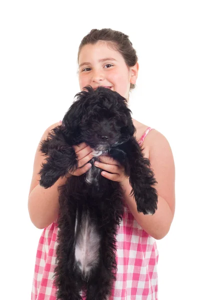 Κορίτσι εκμετάλλευση σκυλί — Φωτογραφία Αρχείου