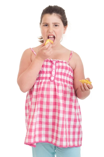 Menina comer batatas fritas — Fotografia de Stock