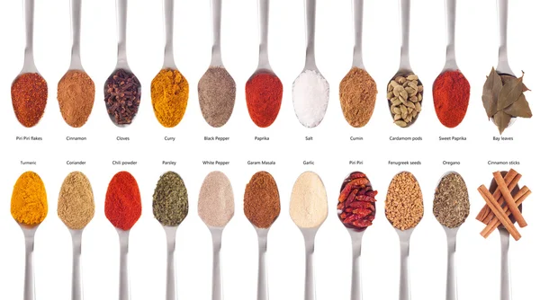 Spices collection on spoons Stock Picture