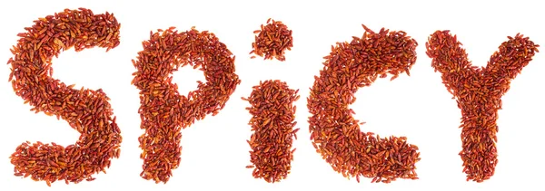 Spicy written with chilli peppers — Stock Photo, Image