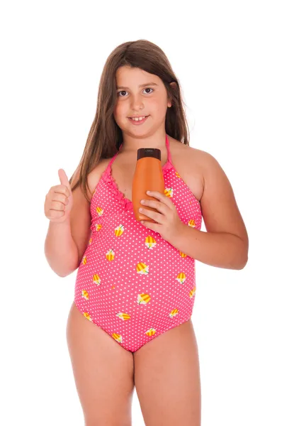 Chica en traje de baño mostrando el pulgar hacia arriba — Foto de Stock