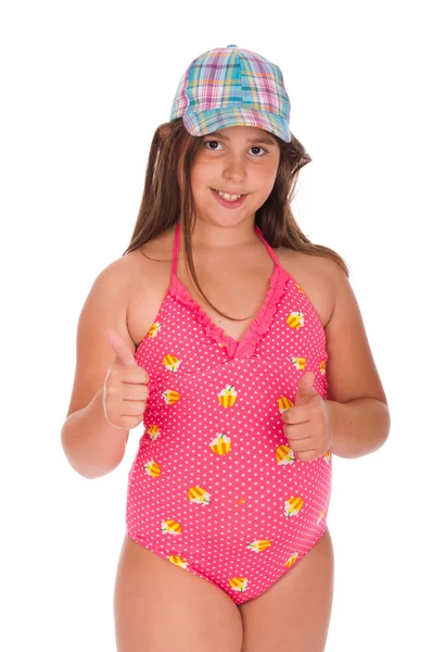 Chica en traje de baño mostrando los pulgares hacia arriba —  Fotos de Stock