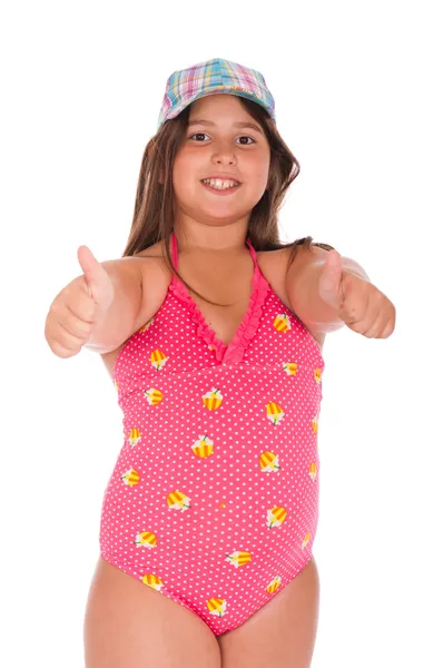 Chica en traje de baño mostrando los pulgares hacia arriba —  Fotos de Stock