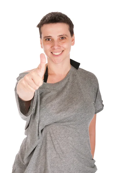 Žena ukazující palec nahoru — Stock fotografie