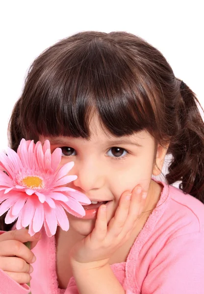 Cute little four year old girl with daisy — Stock Photo, Image