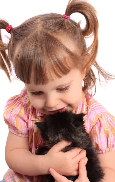 Little girl holding kitten — Stock Photo, Image