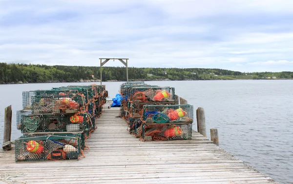 Lobster traps and buoys on wooden pier — Stock Photo, Image