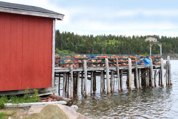 Trappole e boe per aragoste su pontile di legno — Foto Stock