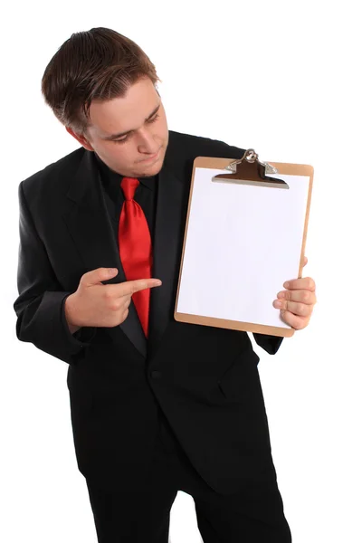 Homem segurando Clipboard com página em branco — Fotografia de Stock