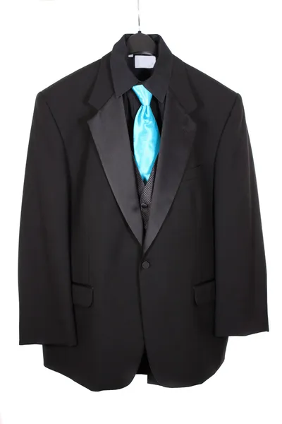 Крупный план костюма из трех частей с голубым галстуком — стоковое фото