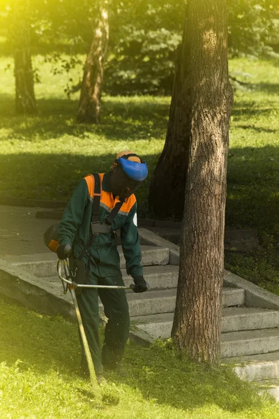 Werknemer park snijden gazon — Stockfoto