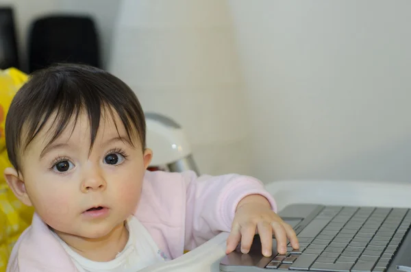 1 年宝宝女孩试图使用她上网本 — 图库照片