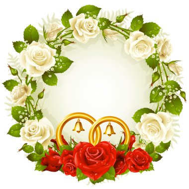 Vector frame with white and red rose and golden wedding rings clipart