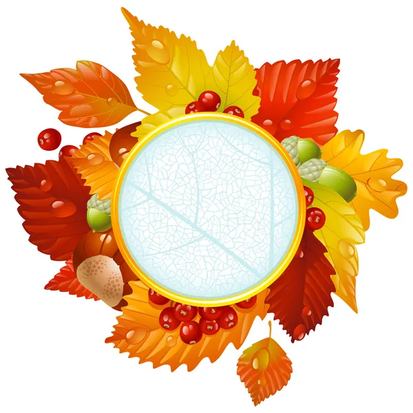Bingkai bulat Autumnal dengan daun jatuh, kastanye, buah ek dan ashberry - Stok Vektor