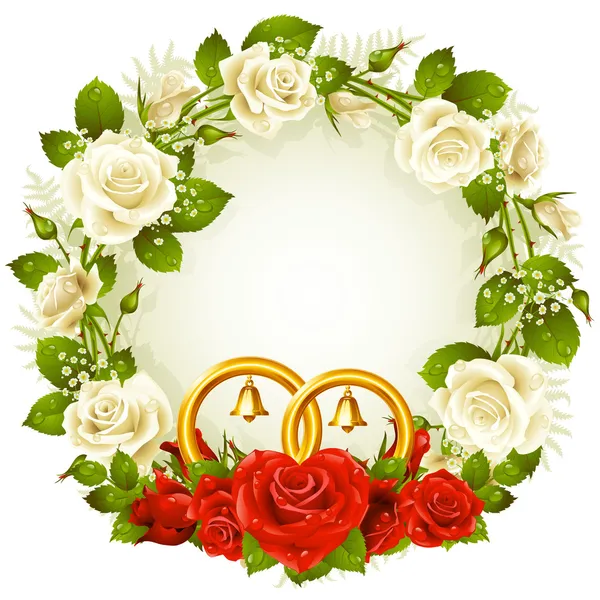 矢量帧与白色和红色的玫瑰和黄金结婚戒指 — 图库矢量图片