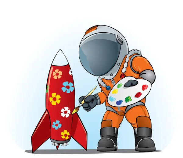 宇宙飛行士はロケットの絵画 — ストックベクタ