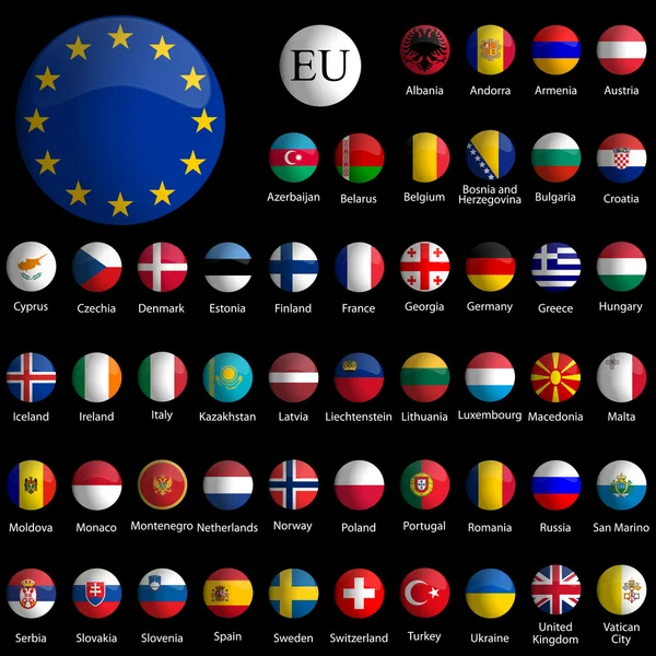 Europe glossy icons collection gegen schwarz — Stockvektor