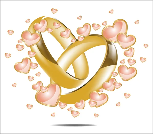 Ilustração com alianças de casamento e corações — Vetor de Stock