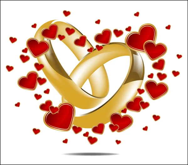 Ilustración con anillos de boda y corazón rojo — Vector de stock