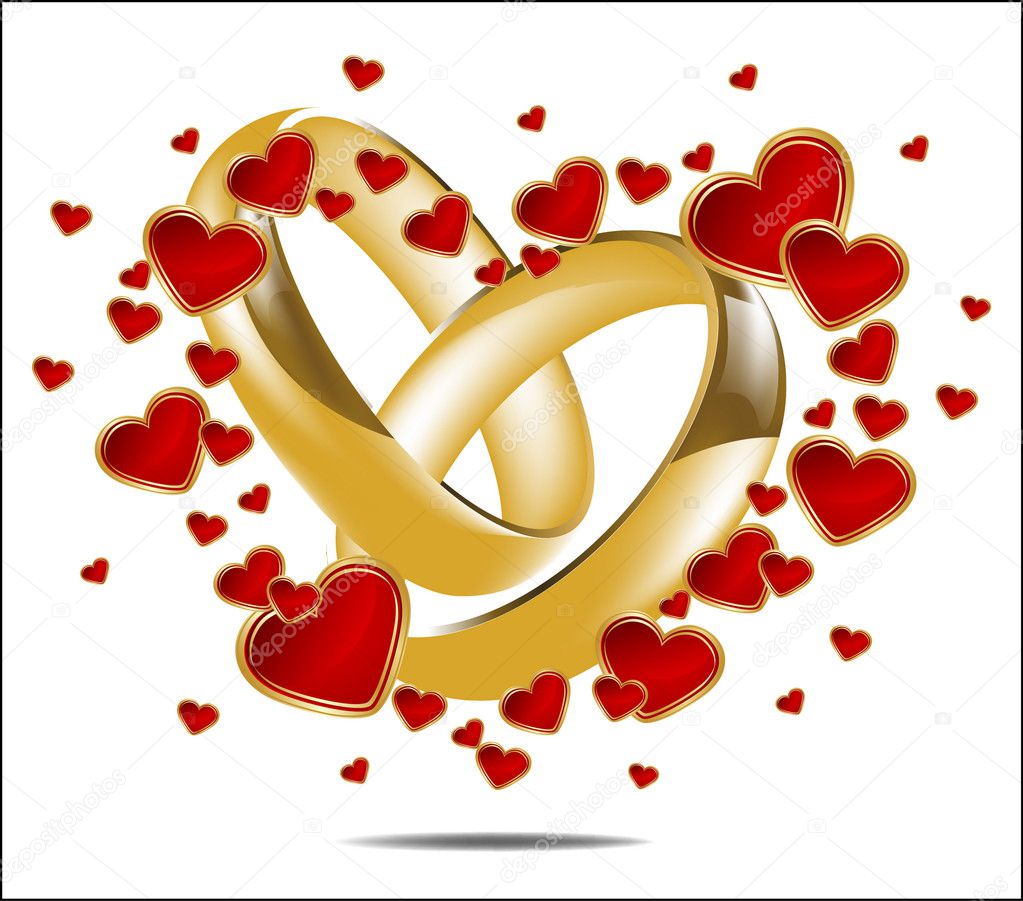 Illustration with wedding rings and Red Heart