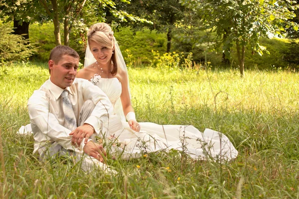 Retrato de recém-casados felizes na grama no parque — Fotografia de Stock
