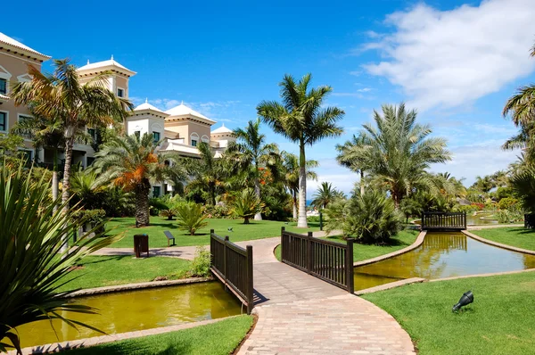 Zona de recreo de hotel de lujo, palmeras y puente, Tenerife —  Fotos de Stock
