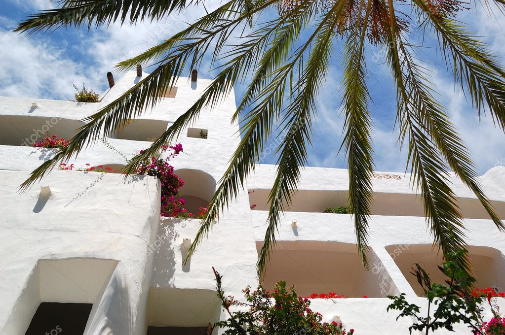 Fronds of the palm and building of luxury hotel, Tenerife island