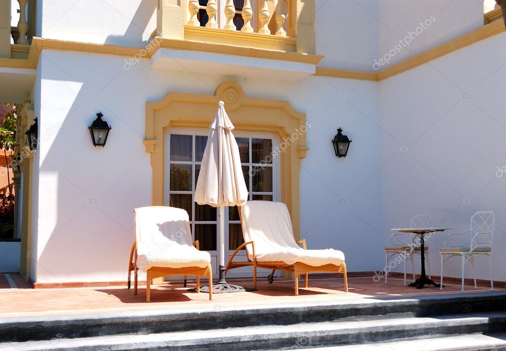 Sunbeds at the outdoor of luxury villa, Tenerife island, Spain