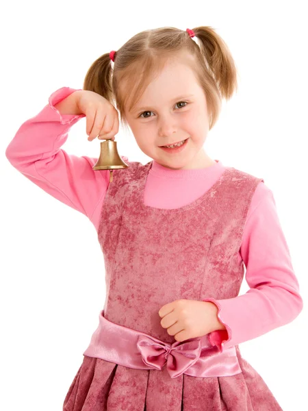 Ένα κορίτσι με ένα κουδούνι σε λευκό φόντο. — Φωτογραφία Αρχείου