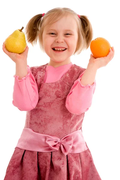 Chica con fruta sobre un fondo blanco . —  Fotos de Stock
