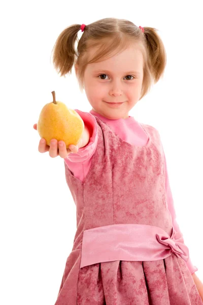 Κορίτσι με φρούτα σε λευκό φόντο. — 图库照片