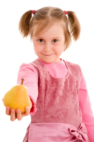 Menina com frutas em um fundo branco — Fotografia de Stock